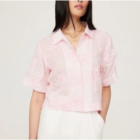 RAG & BONE Mare Shirt Women Large Pink Embroidered Floral Crop Button Up Top - Picture 1 of 12